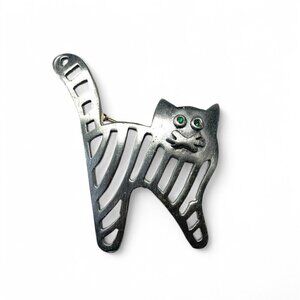 Vintage Pewter Ultra Craft Cat Brooch With Green Eyes And Abstract Cutout Design